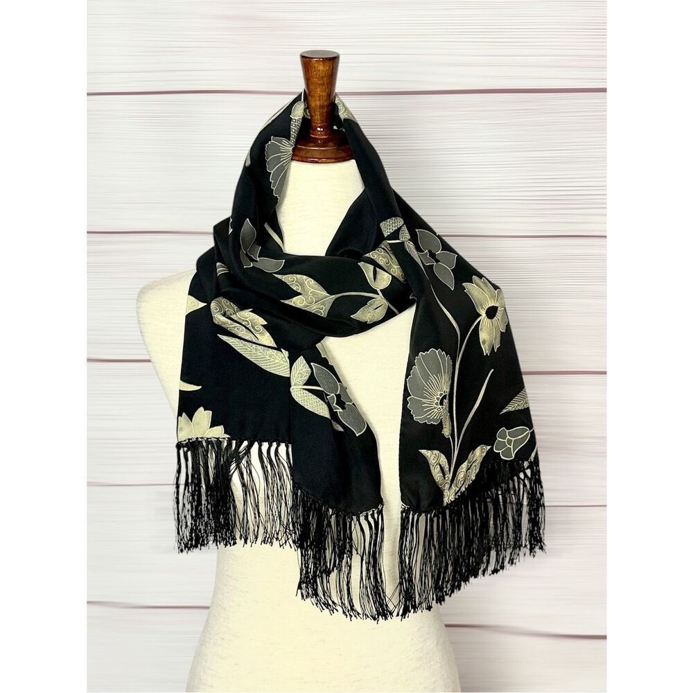 Saldarini Doubled Silk Oblong Scarf Black Cream Floral Fringed Edges Italy